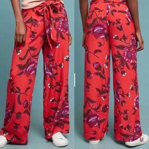 Anthropologie Ett:twa Margo Pants Red Floral Wide Leg Belted